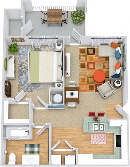 Floor plan for 1 bed, 1 bath, 772 sqft